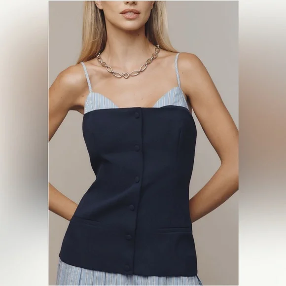 Anthropologie Navy Pinstripe Peekaboo Twofer Mini Dress NWT XL preppy Feminine - Picture 3 of 9